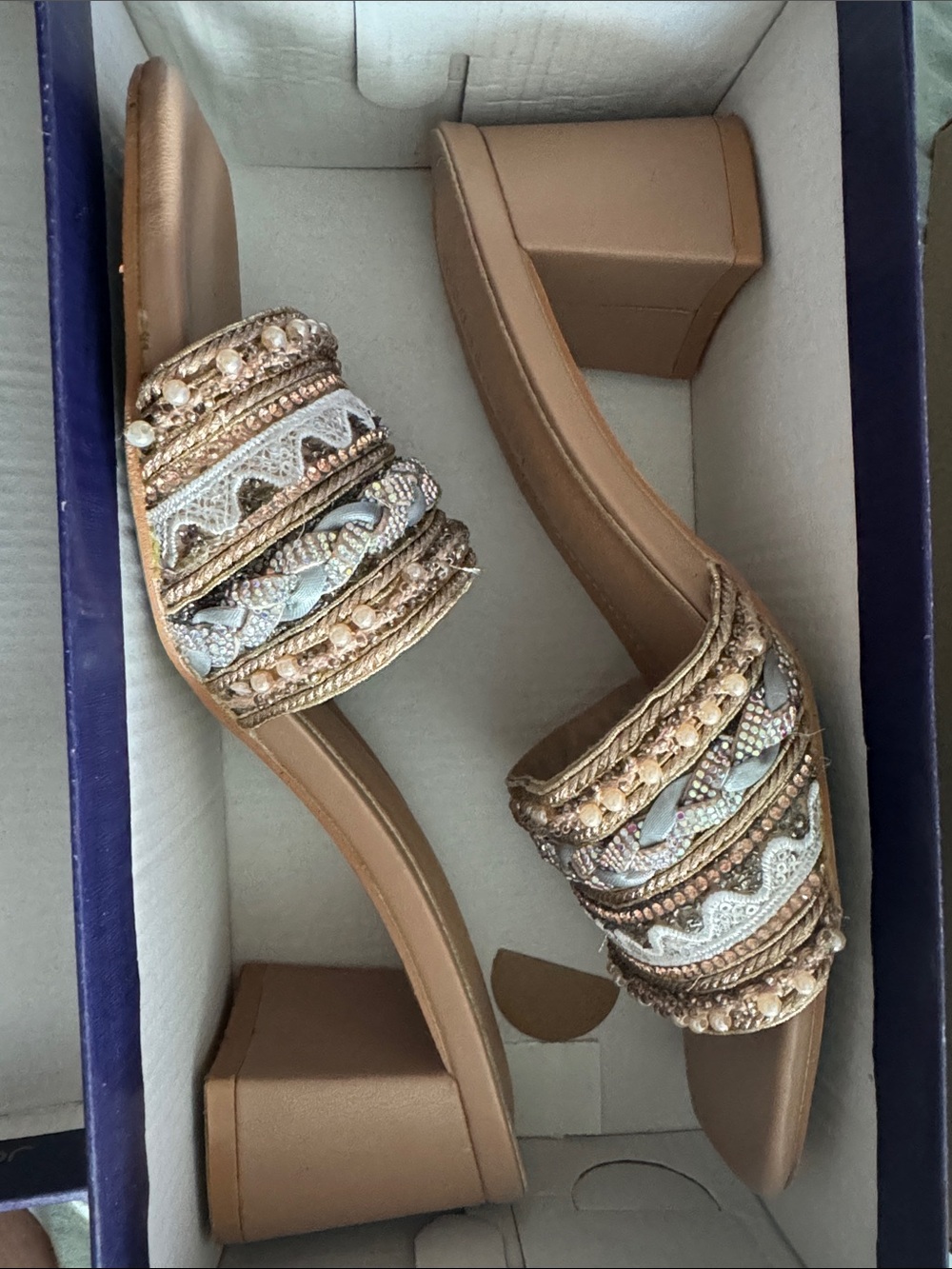 Madden Girl Metallic & Tan Embellished Slide Heels